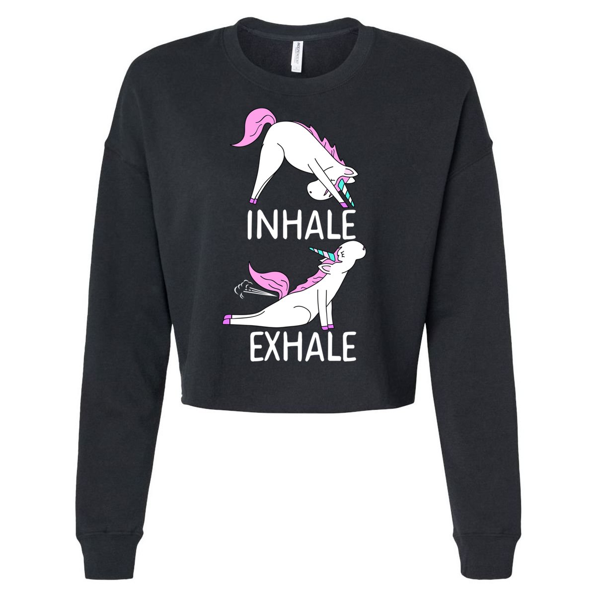 Inhale Exhale Funny Farting Unicorn Yoga Meme Gift Cropped Pullover Crew
