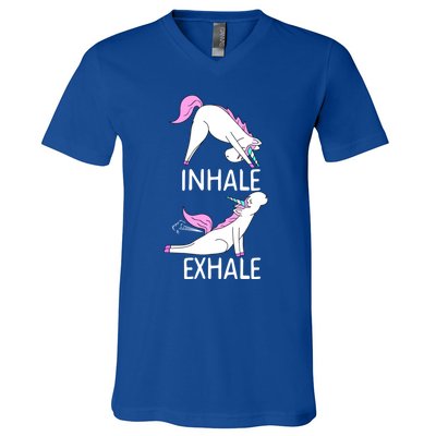 Inhale Exhale Funny Farting Unicorn Yoga Meme Gift V-Neck T-Shirt