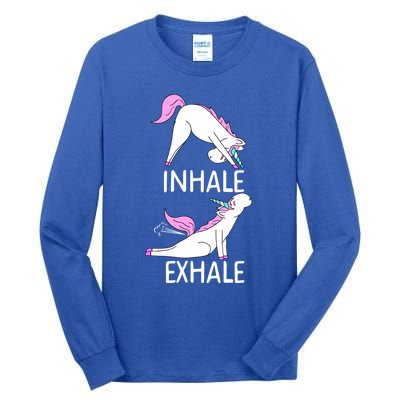 Inhale Exhale Funny Farting Unicorn Yoga Meme Gift Tall Long Sleeve T-Shirt