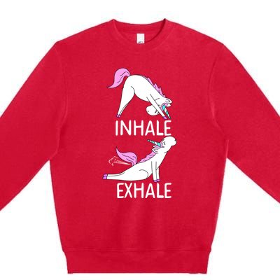 Inhale Exhale Funny Farting Unicorn Yoga Meme Gift Premium Crewneck Sweatshirt