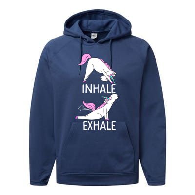 Inhale Exhale Funny Farting Unicorn Yoga Meme Gift Performance Fleece Hoodie