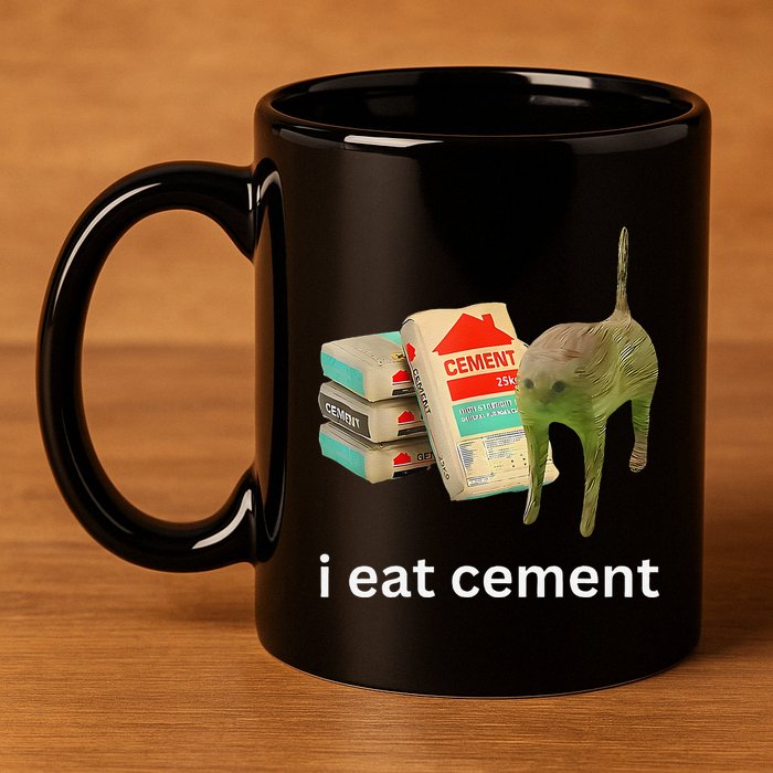 I Eat Funny Cement Cat Cursed Meme 11oz C Handle Ceramic Mug