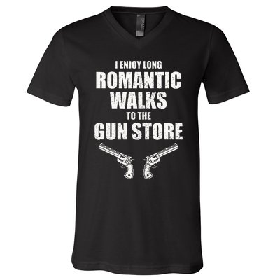 I Enjoy Long Romantic Walks to the Gun Store Funny Gun V-Neck T-Shirt