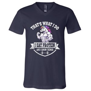 I Eat Protein Funny Unicorn Workout Training V-Neck T-Shirt