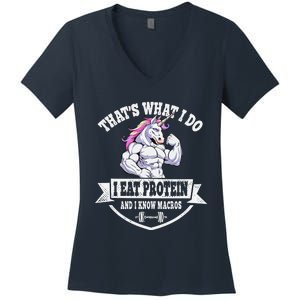 I Eat Protein Funny Unicorn Workout Training Women's V-Neck T-Shirt