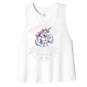 I Eat Protein Funny Unicorn Workout Training Women's Racerback Cropped Tank