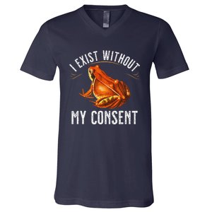 I Exist Without My Consent Funny Frog Saying Meme(1) V-Neck T-Shirt