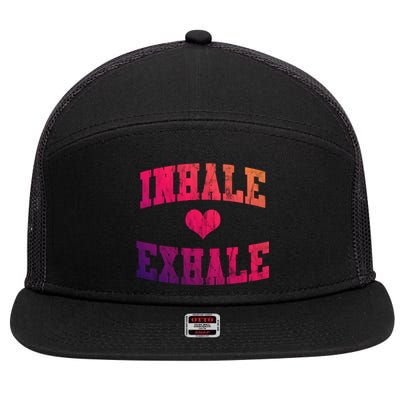 Inhale Exhale With A Heart And Distressed Vintage Look Gift 7 Panel Mesh Trucker Snapback Hat