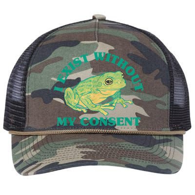 I Exist Without My Consent Frog Funny Meme Retro Rope Trucker Hat Cap