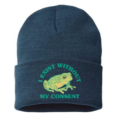 I Exist Without My Consent Frog Funny Meme Sustainable Knit Beanie