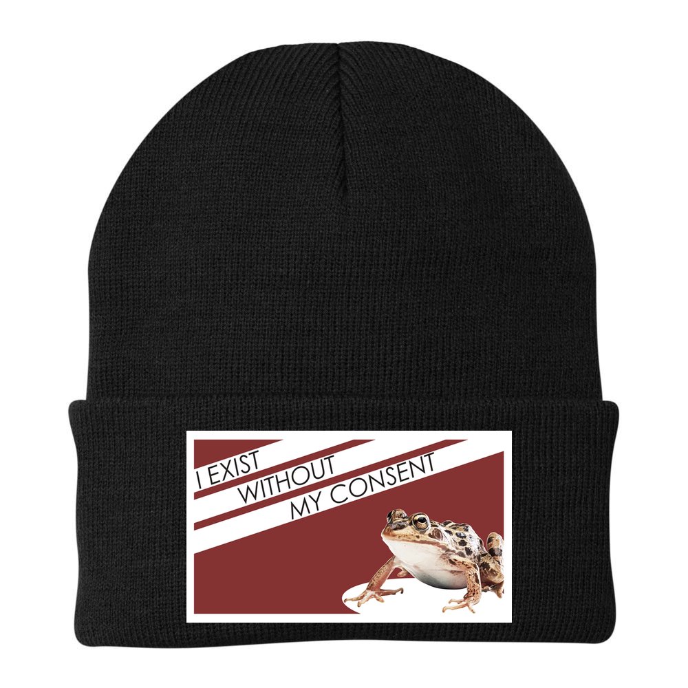 I Exist Without My Consent Funny Meme Frog Beanie