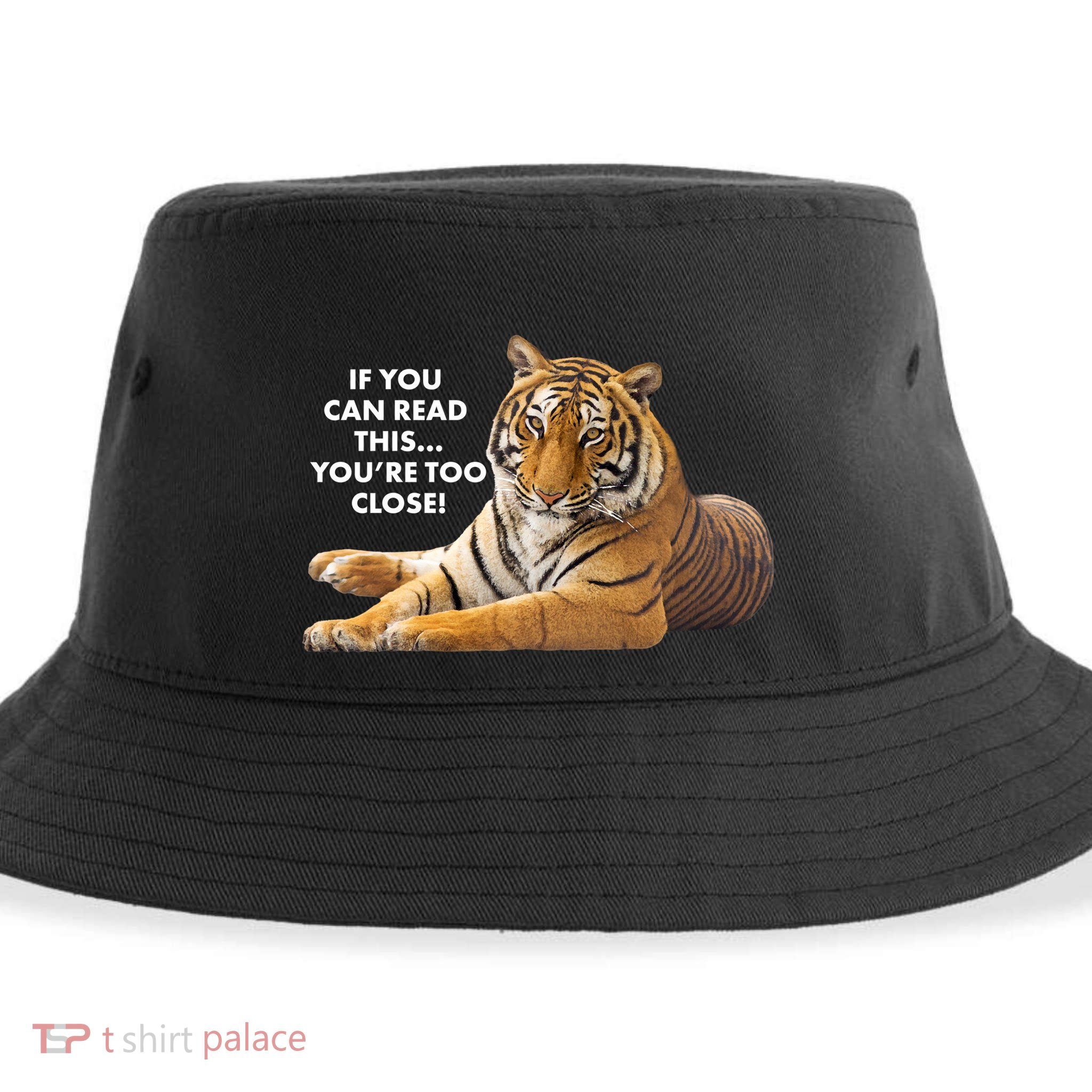 If You Can Read This You're Too Close Funny Tiger Sustainable Bucket Hat