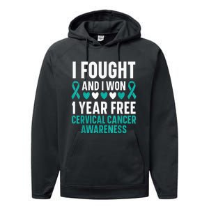 I Fought And I Won 1 Year Free Cervical Cancer Awareness Performance Fleece Hoodie