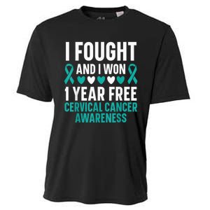 I Fought And I Won 1 Year Free Cervical Cancer Awareness Cooling Performance Crew T-Shirt