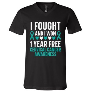 I Fought And I Won 1 Year Free Cervical Cancer Awareness V-Neck T-Shirt