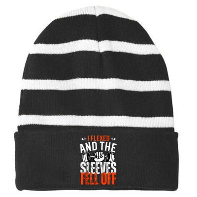 I Flexed and The Sleeves Fell Off Fun Sleeveless Gym Workout Striped Beanie with Solid Band