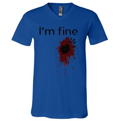 Im Fine Blood Splatter And Bloody Hand Print Halloween Fun V-Neck T-Shirt