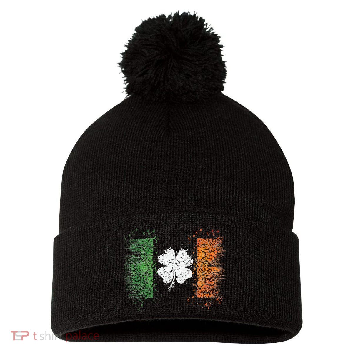Irish Flag Distressed Shamrock ST Patrick's Day Pom Pom 12in Knit Beanie