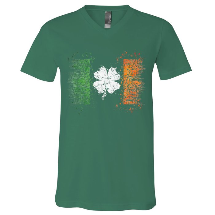 Irish Flag Distressed Shamrock ST Patrick's Day V-Neck T-Shirt