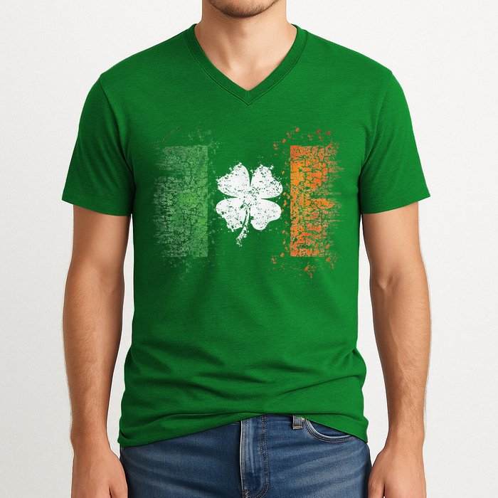 Irish Flag Distressed Shamrock ST Patrick's Day V-Neck T-Shirt