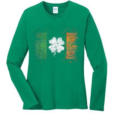 Irish Flag Distressed Shamrock ST Patrick's Day Ladies Long Sleeve Shirt