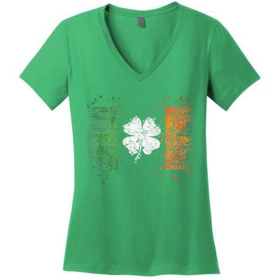 Irish Flag Distressed Shamrock ST Patrick's Day Women's V-Neck T-Shirt
