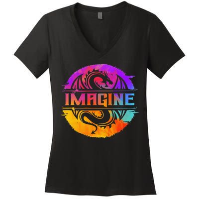 Imagine Fantasy Dragon Retro Tribal animal Women's V-Neck T-Shirt