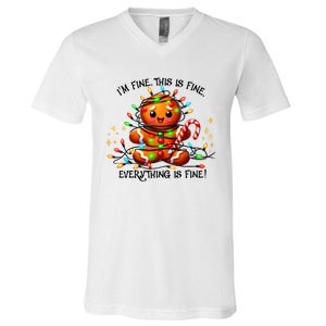 IM Fine Everything Is Fine Gingerbread Christmas Lights V-Neck T-Shirt