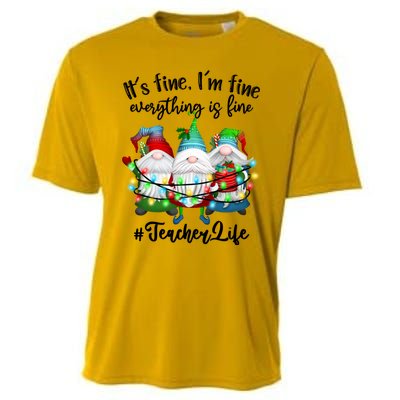 I'm Fine Everything Is Fine Teacher Life Gnome Christmas Funny Gift Cooling Performance Crew T-Shirt