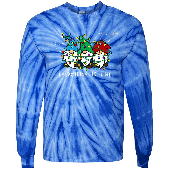 ItS Fine Everything Is Fine Xmas Lights Gnome Christmas Tie-Dye Long Sleeve Shirt