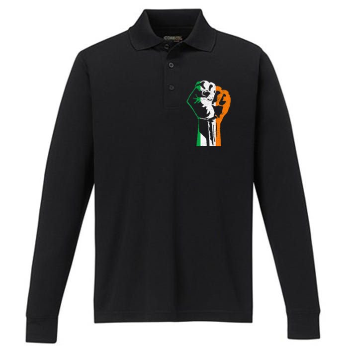 IRISH FLAG FIST RAISED IRELAND SAINT PATRICK'S DAY Performance Long Sleeve Polo