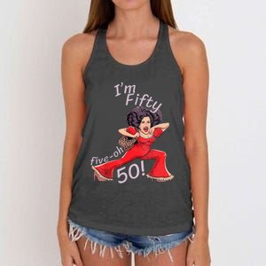 Im Fifty Fiveoh 50 Funny Sally Kick Lady Omalley Birthday Women's Knotted Racerback Tank