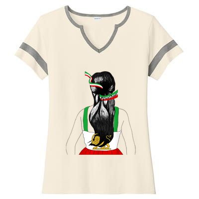 Iranian Flag Female Hair Support Women Of Iran LION SUN FLAG Ladies Halftime Notch Neck Tee