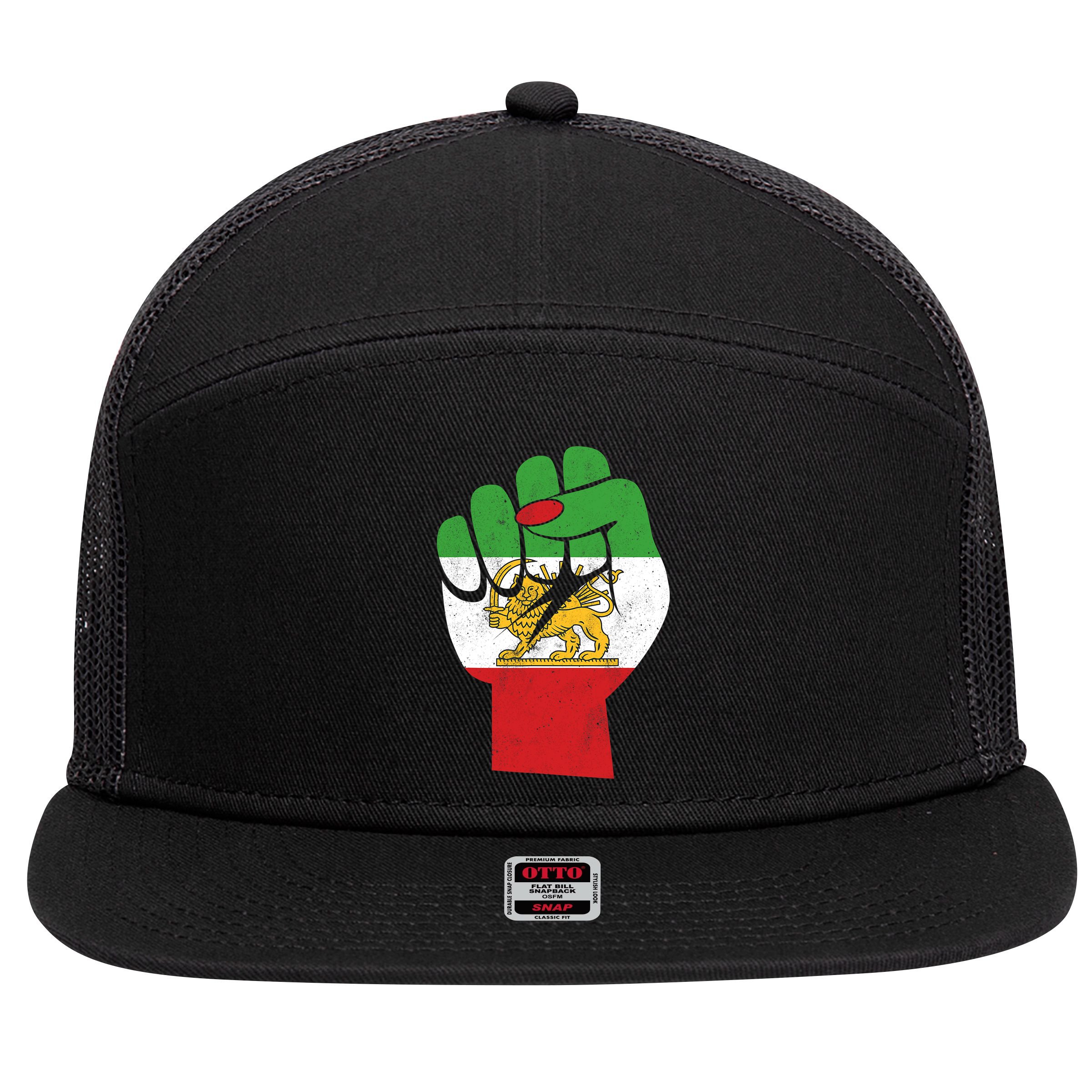 Iranian Flag Female Fist Support Women Of Iran LION SUN FLAG 7 Panel Mesh Trucker Snapback Hat