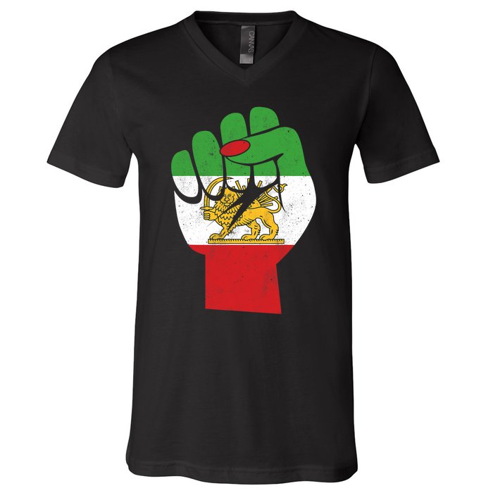 Iranian Flag Female Fist Support Women Of Iran LION SUN FLAG V-Neck T-Shirt