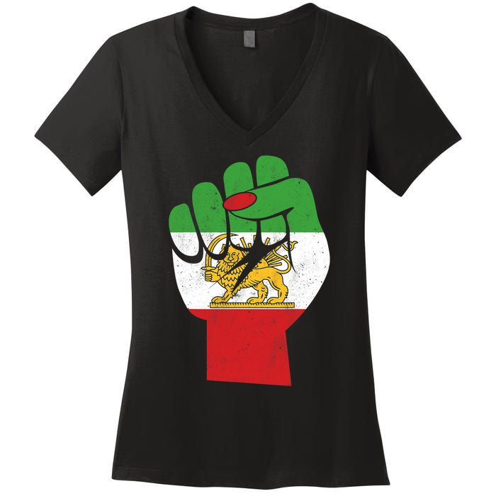 Iranian Flag Female Fist Support Women Of Iran LION SUN FLAG Women's V-Neck T-Shirt