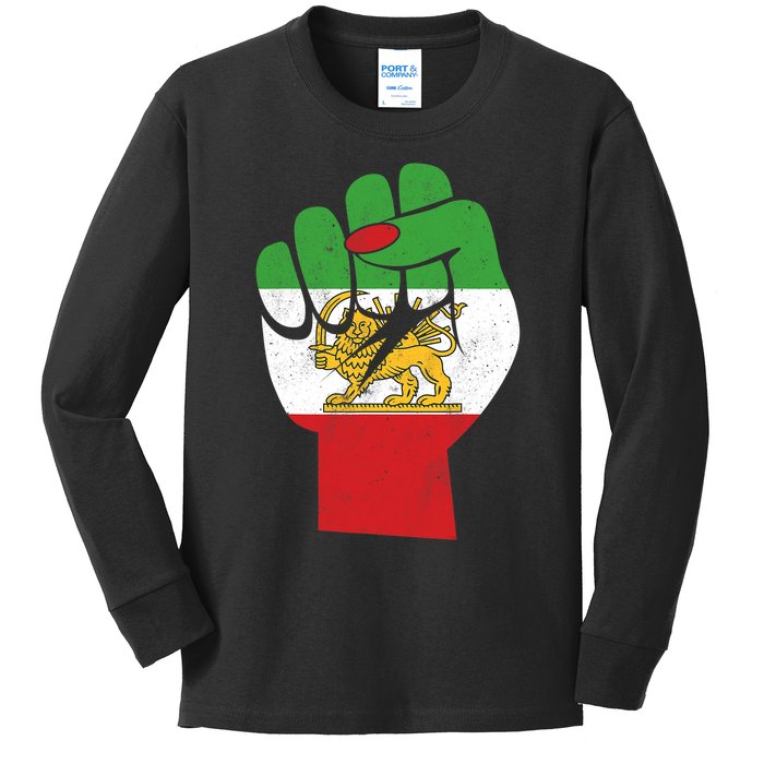 Iranian Flag Female Fist Support Women Of Iran LION SUN FLAG Kids Long Sleeve Shirt