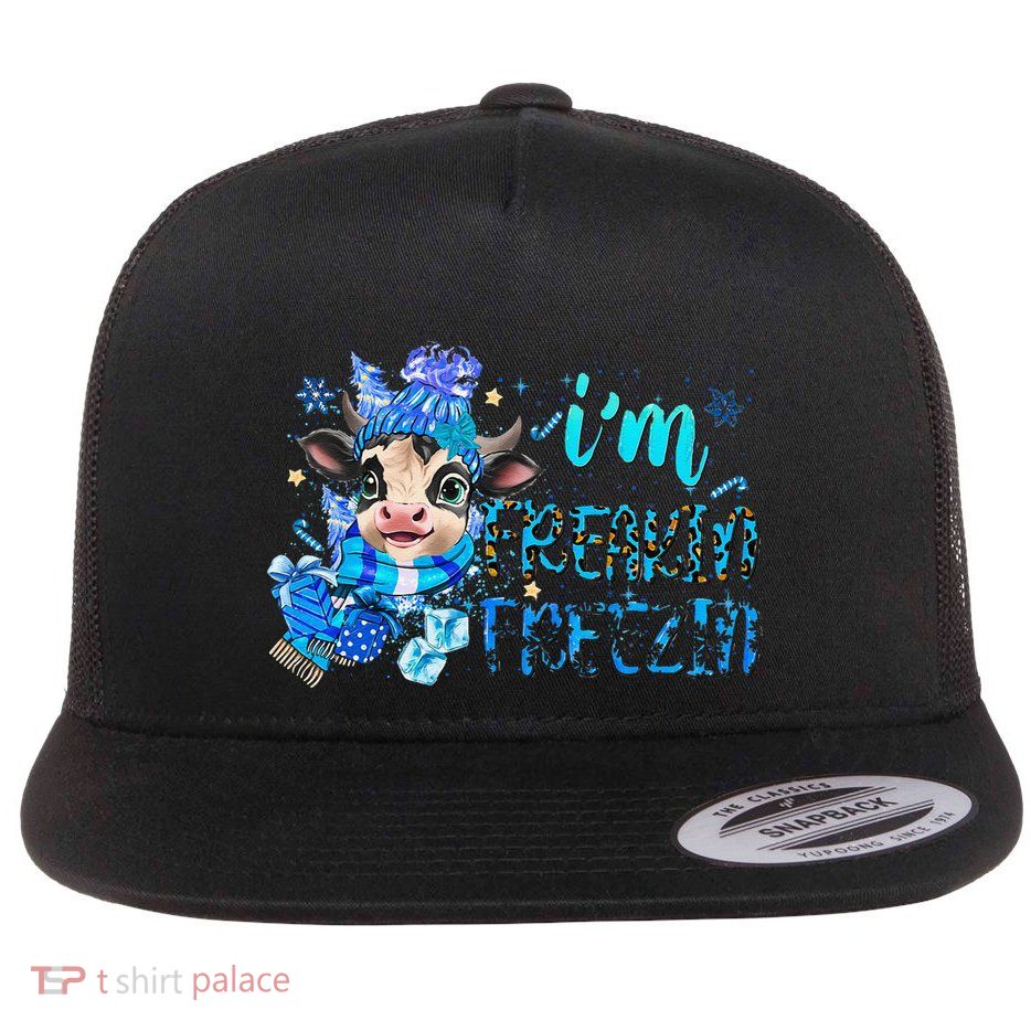 IM Freakin Freezin Cute Cow Hello Winter Christmas Gifts Flat Bill Trucker Hat