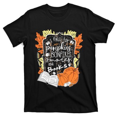 I Fall For Pumpkins Bonfires S'mores Books Halloween Reader T-Shirt