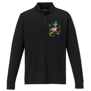 Irish Flamingo Green Saint Patrick Day Lucky St Pattys Performance Long Sleeve Polo