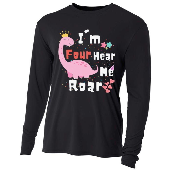 I'm Four Hear Me Roar Dinosaur 4th Birthday Party Cooling Performance Long Sleeve Crew