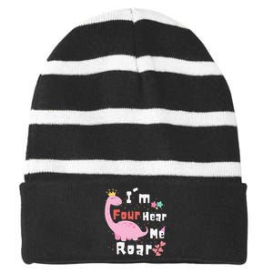 I'm Four Hear Me Roar Dinosaur 4th Birthday Party Striped Beanie with Solid Band