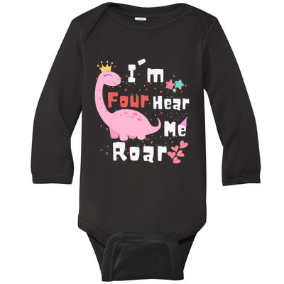 I'm Four Hear Me Roar Dinosaur 4th Birthday Party Baby Long Sleeve Bodysuit