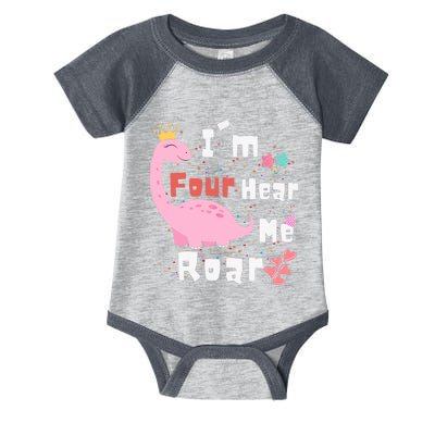 I'm Four Hear Me Roar Dinosaur 4th Birthday Party Infant Baby Jersey Bodysuit