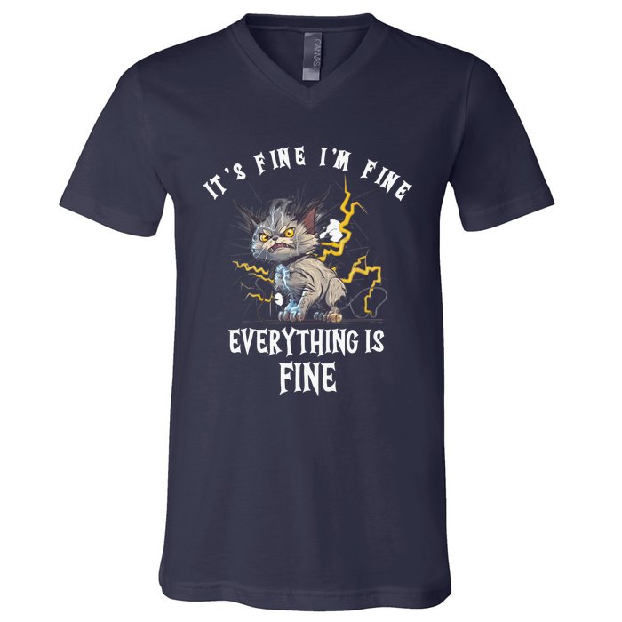 It's Fine I'm Fine Everything Is Fine Funny Sarcastic Cat V-Neck T-Shirt