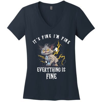 It's Fine I'm Fine Everything Is Fine Funny Sarcastic Cat Women's V-Neck T-Shirt