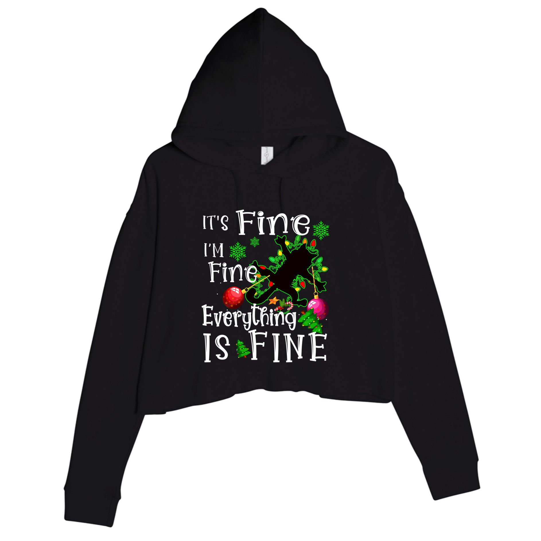 Its Fine Im Fine Everything Is Fine Naughty Cat Xmas Lights Gift Crop Fleece Hoodie