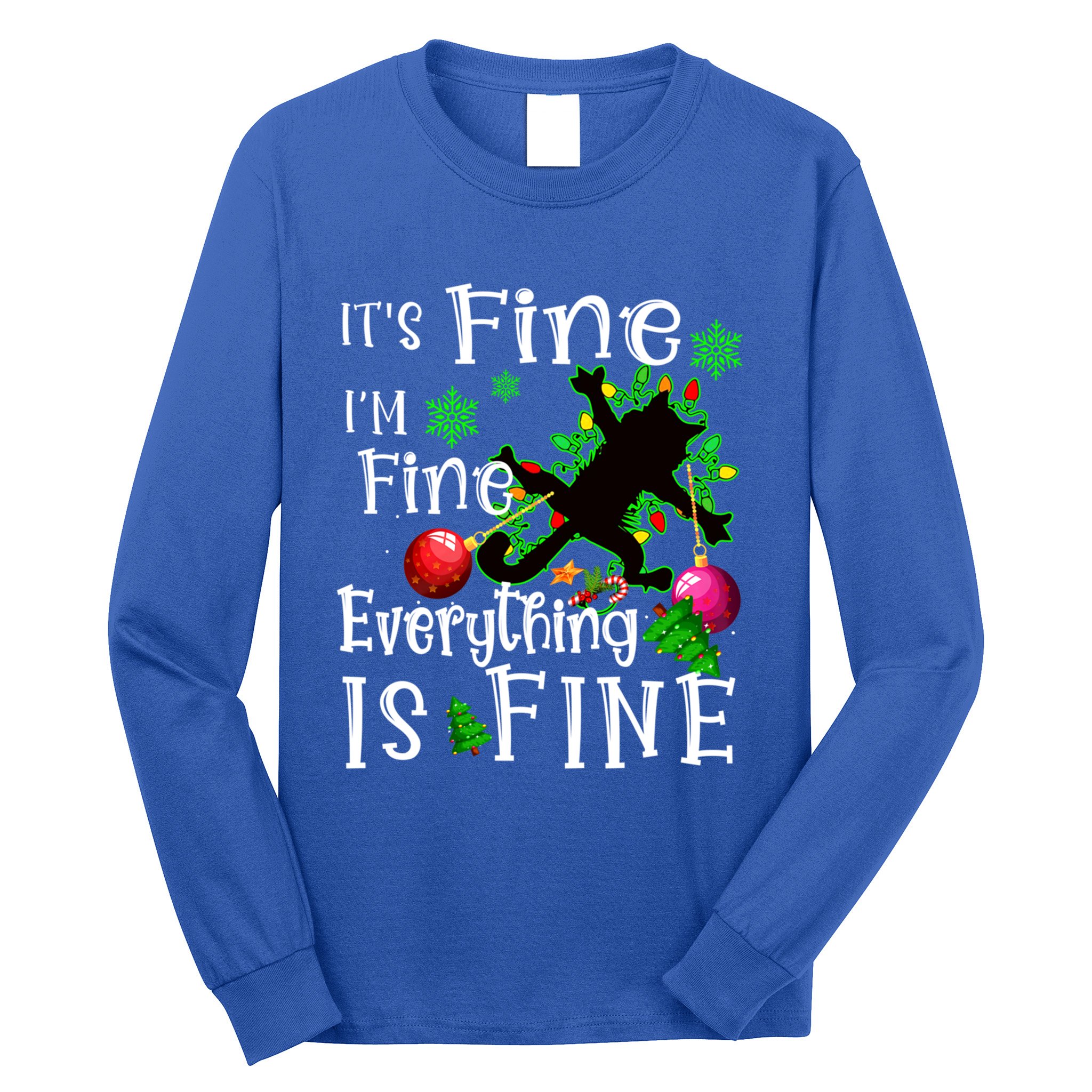 Its Fine Im Fine Everything Is Fine Naughty Cat Xmas Lights Gift Long Sleeve Shirt