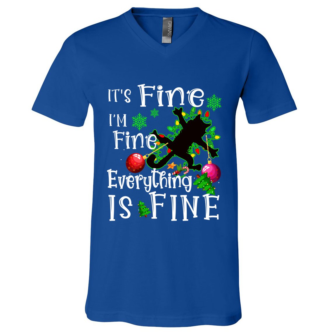 Its Fine Im Fine Everything Is Fine Naughty Cat Xmas Lights Gift V-Neck T-Shirt