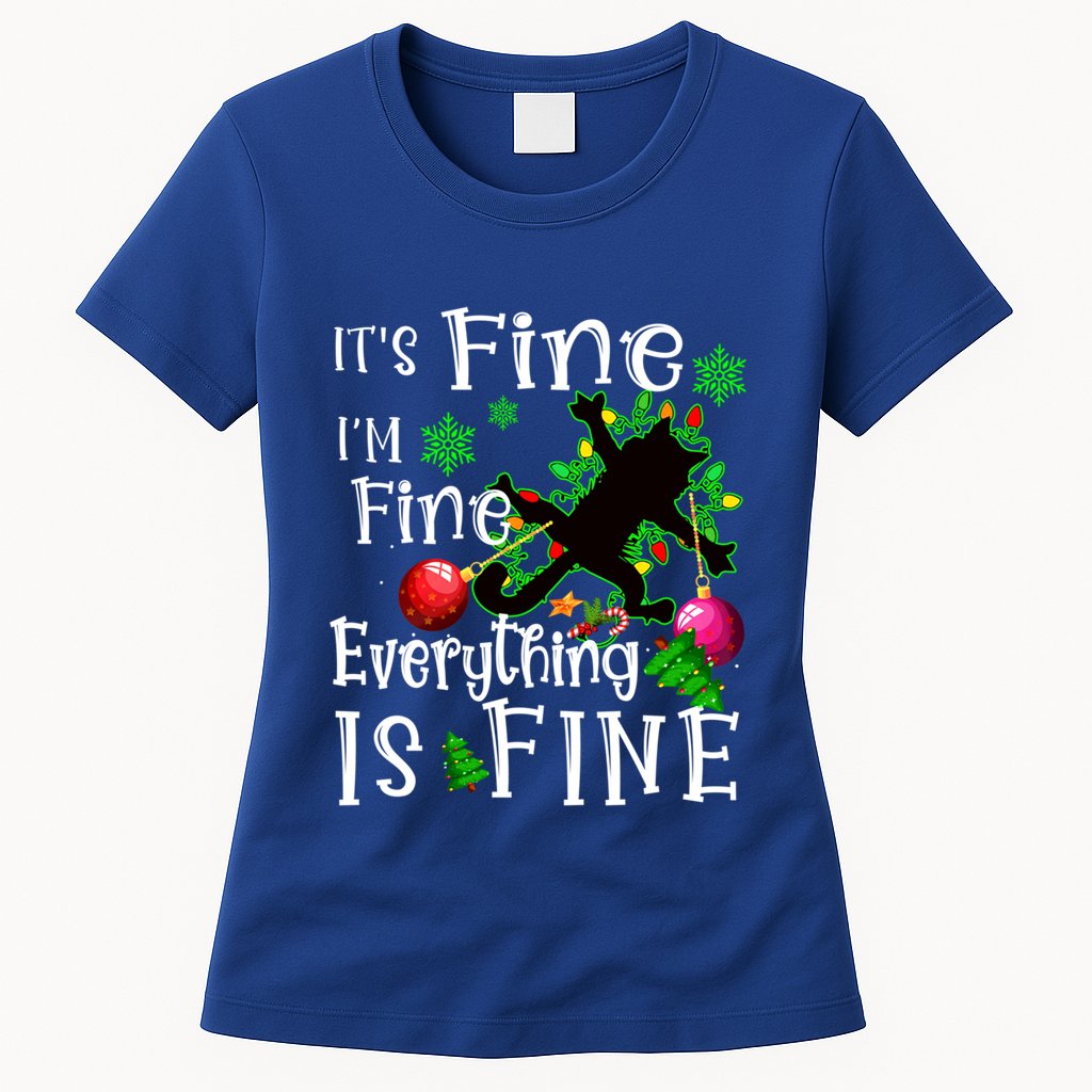 Its Fine Im Fine Everything Is Fine Naughty Cat Xmas Lights Gift Womens T-Shirt